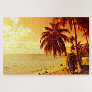 Tropical palm trees at a beach at sunset jigsaw puzzle