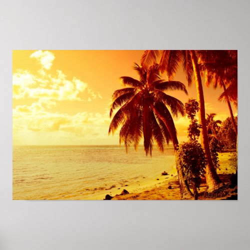 Tropical palm trees at a beach at sunset poster