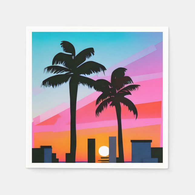 Tropical Palm Trees at Sunset - 80s Art  Napkins (Front)