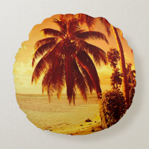 Tropical palm trees at sunset round pillow