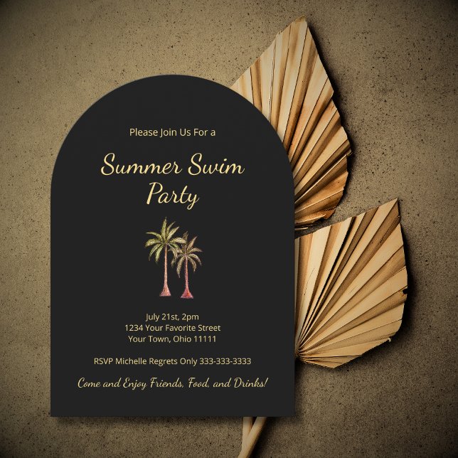 Tropical Palm Trees Barbecue Swim Party Black  Invitation (Creator Uploaded)