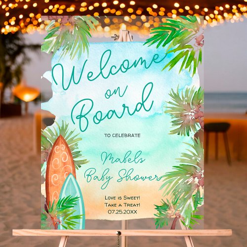 Tropical palm trees beach baby on board shower acrylic sign