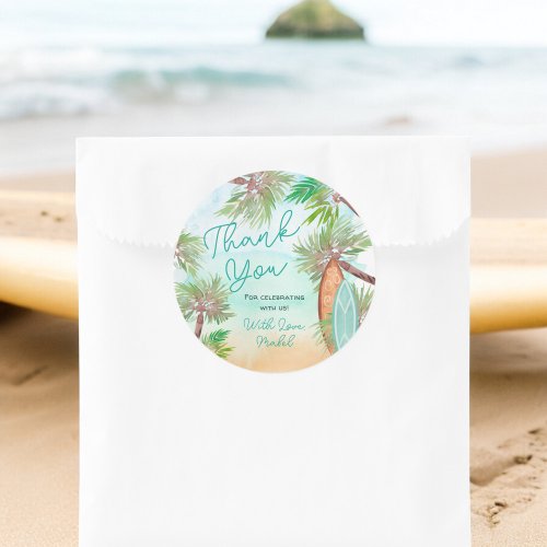 Tropical palm trees beach baby on board shower classic round sticker