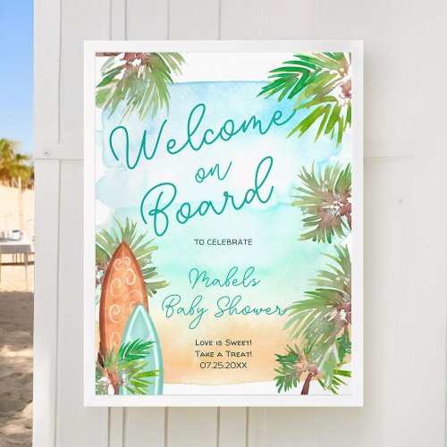 Tropical palm trees beach baby on board shower poster