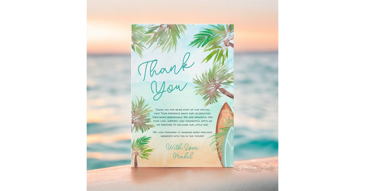 Tropical palm trees beach baby on board shower thank you card | Zazzle