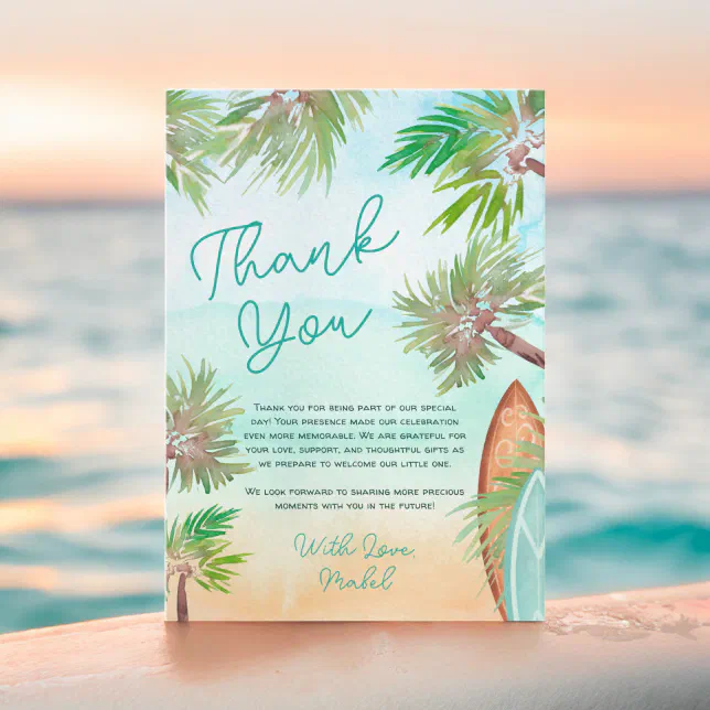Tropical palm trees beach baby on board shower thank you card | Zazzle