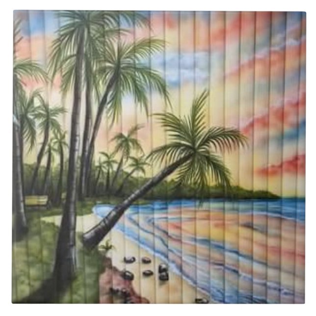 TROPICAL PALM TREES BEACH BLINDS CERAMIC TILE (Front)