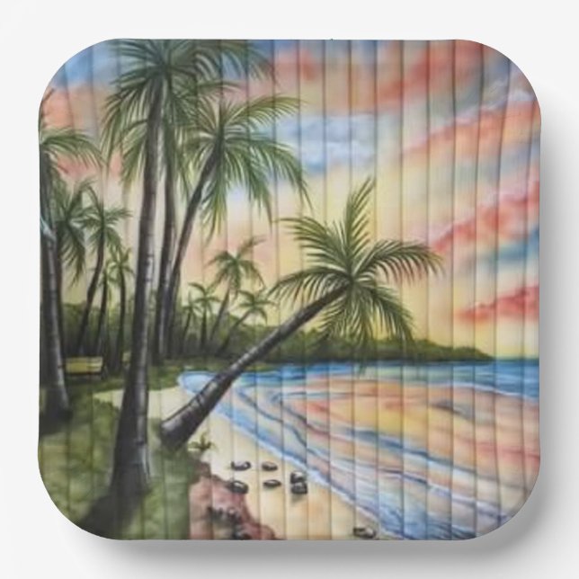 TROPICAL PALM TREES BEACH BLINDS PAPER PLATES (Front)