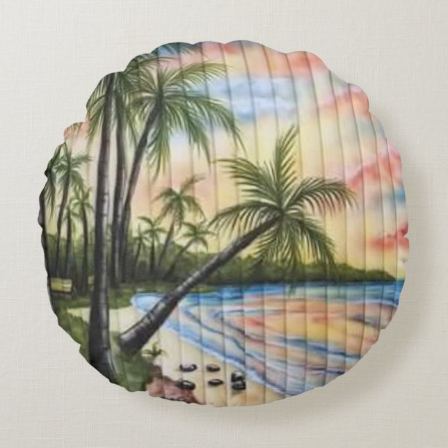 TROPICAL PALM TREES BEACH BLINDS ROUND PILLOW (Front)