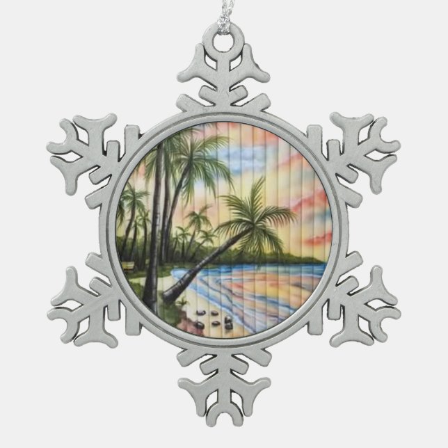 TROPICAL PALM TREES BEACH BLINDS SNOWFLAKE PEWTER CHRISTMAS ORNAMENT (Front)