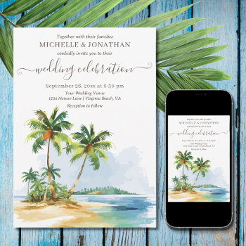 Tropical Palm Trees Beach Destination Wedding Invitation by TheBeachBum at Zazzle