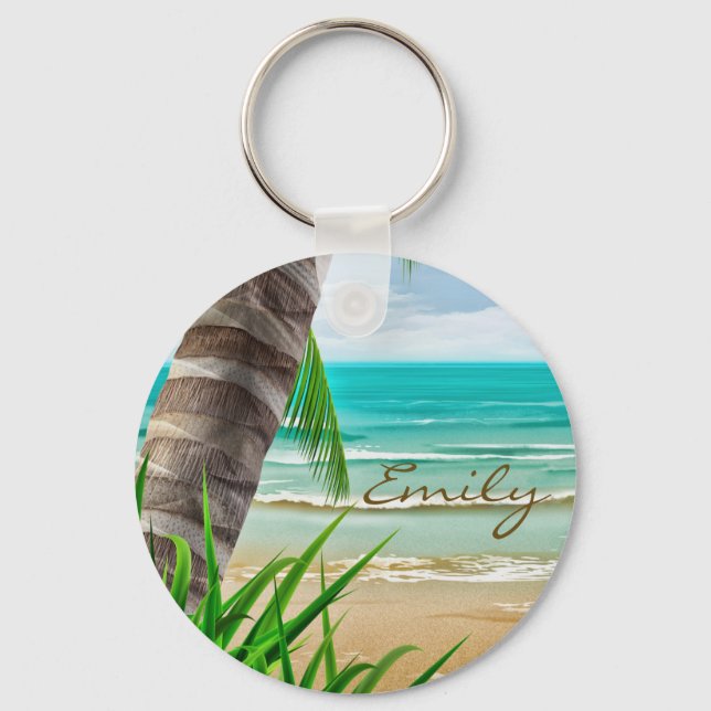 Tropical Palm Trees Beach Island Personalized Keychain (Front)