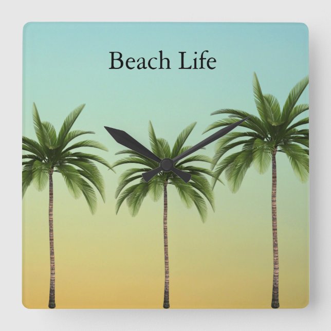 Tropical Palm Trees Beach Life Vintage Sunset  Square Wall Clock (Front)