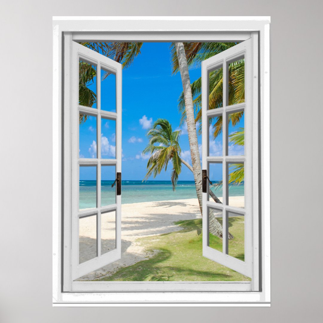 Tropical Palm Trees Beach Ocean View Fake Window Poster | Zazzle