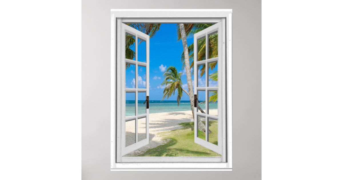 Fake Window Ocean View Tropical Palm Trees Beach Ocean View Fake Window Poster | Zazzle