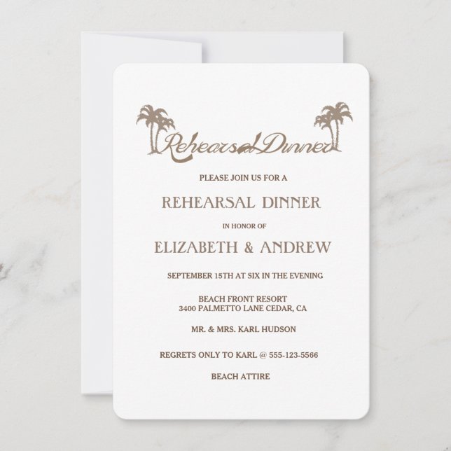 Tropical Palm Trees Beach Rehearsal Dinner Invitation (Front)