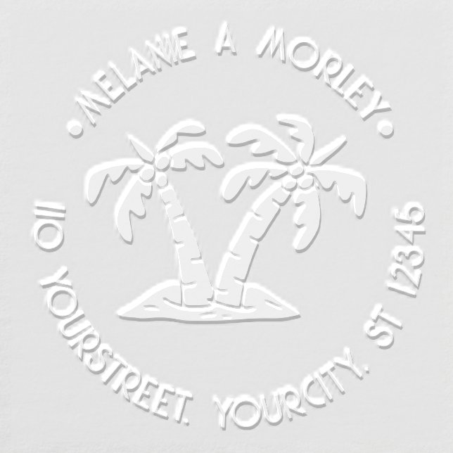 Tropical Palm Trees Beach Round Name Address #2 Embosser (Design)