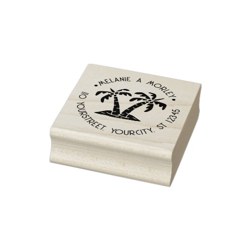 Tropical Palm Trees Beach Round Name Address 2 Rubber Stamp