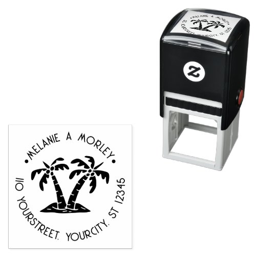 Tropical Palm Trees Beach Round Name Address 2 Self_inking Stamp