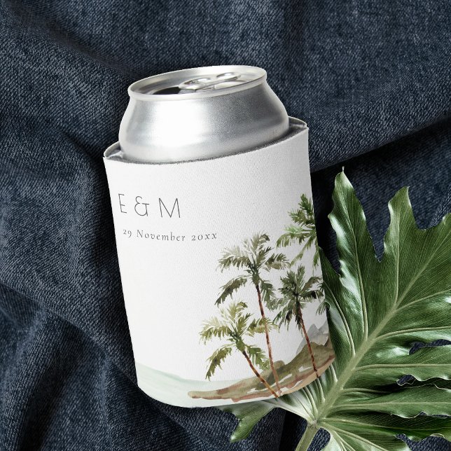 Tropical Palm Trees Beach Sand Monogram Wedding Can Cooler (Creator Uploaded)