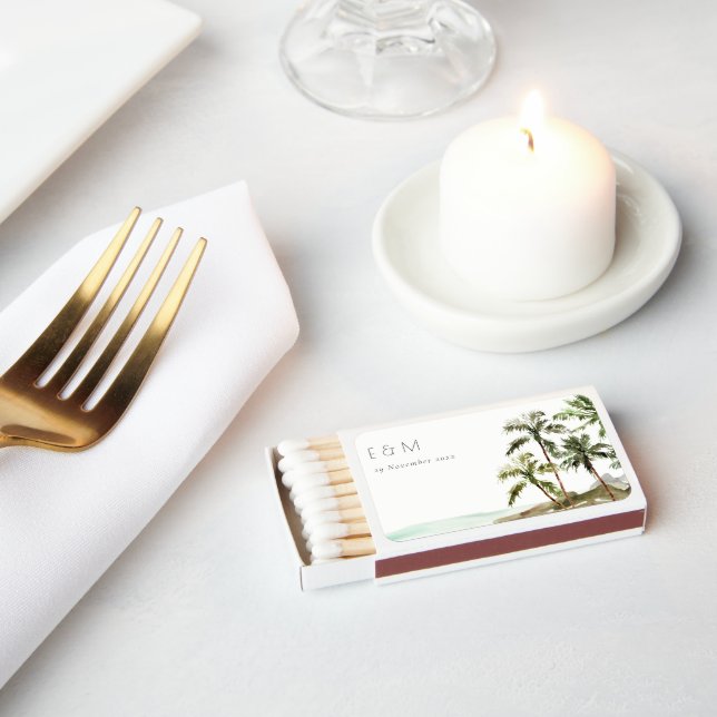 Tropical Palm Trees Beach Sand Monogram Wedding Matchboxes (Insitu)