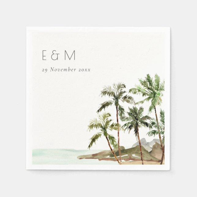 Tropical Palm Trees Beach Sand Monogram Wedding Napkins (Front)