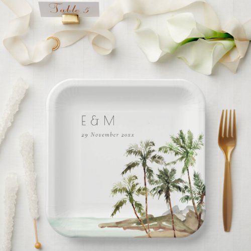 Tropical Palm Trees Beach Sand Monogram Wedding Paper Plates
