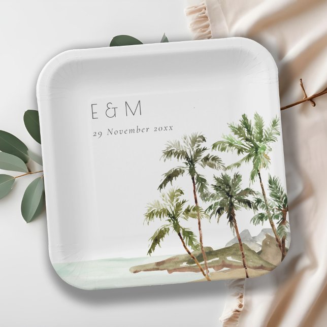 Tropical Palm Trees Beach Sand Monogram Wedding Paper Plates (Creator Uploaded)