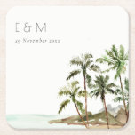 Tropical Palm Trees Beach Sand Monogram Wedding Square Paper Coaster<br><div class="desc">For any further customisation or any other matching items,  please feel free to contact me at yellowfebstudio@gmail.com</div>