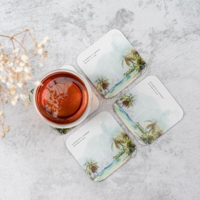 Tropical Palm Trees Beach Sand Monogram Wedding  Square Paper Coaster (Creator Uploaded)