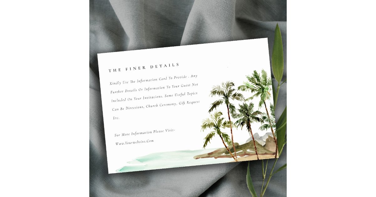 Tropical Palm Trees Beach Sand Wedding Details Enclosure Card | Zazzle