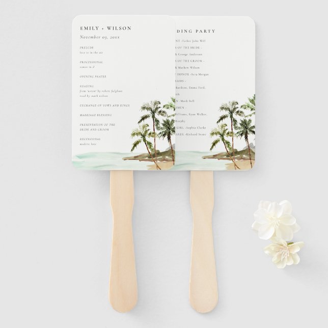 Tropical Palm Trees Beach Sand Wedding Program Hand Fan (Front and Back)