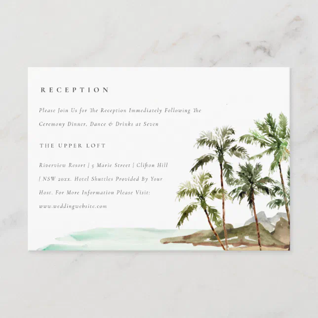 Tropical Palm Trees Beach Sand Wedding Reception Enclosure Card | Zazzle