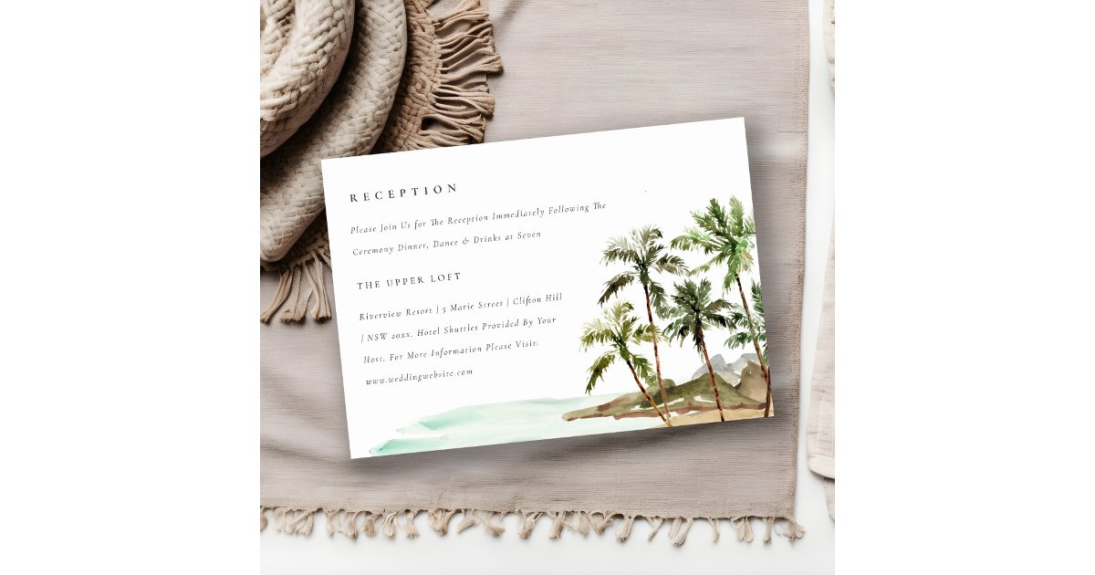 Tropical Palm Trees Beach Sand Wedding Reception Enclosure Card | Zazzle