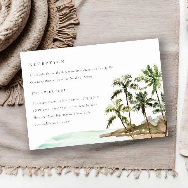 Tropical Palm Trees Beach Sand Wedding Reception Enclosure Card | Zazzle