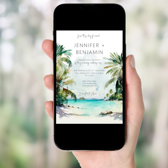Tropical Palm Trees Beach Scene Modern Wedding Invitation (Front Digital)