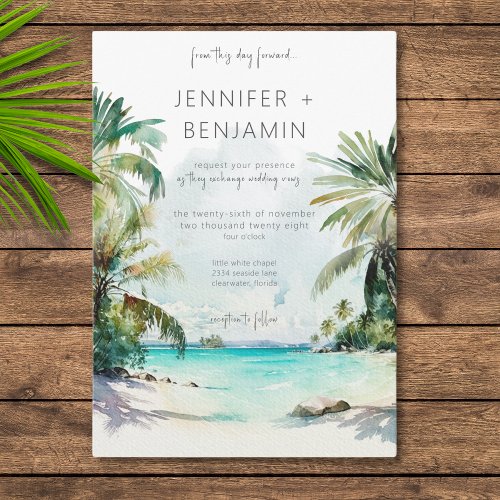 Tropical Palm Trees Beach Scene Modern Wedding