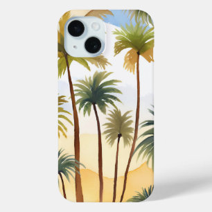 Tropical Palm Trees Beach Watercolor Painting iPhone 15 Case