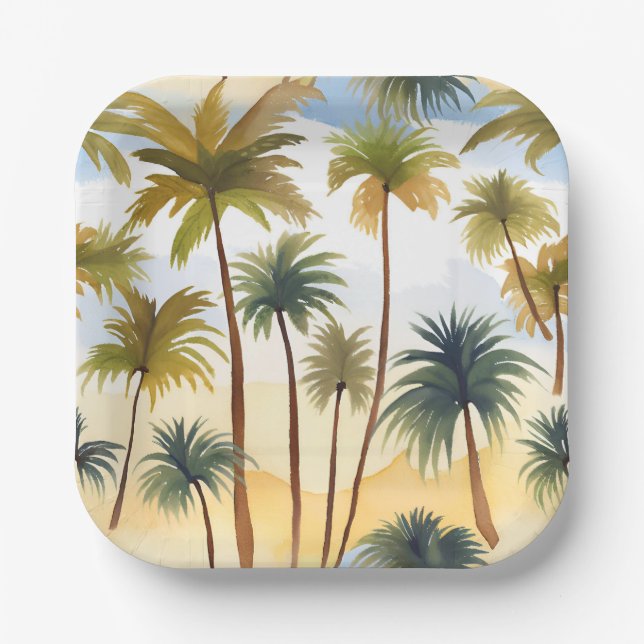 Tropical Palm Trees | Beach Watercolor Painting Paper Plates (Front)