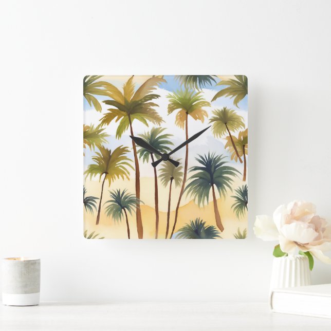 Tropical Palm Trees | Beach Watercolor Painting Square Wall Clock (Home)