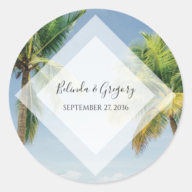 Tropical Palm Trees Beach Wedding  Classic Round Sticker (Front)