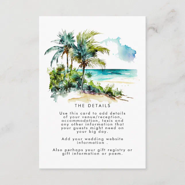 tropical palm trees beach wedding information card | Zazzle