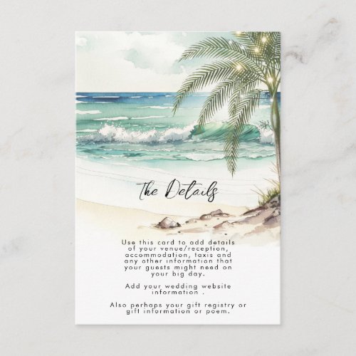 tropical palm trees beach wedding information card