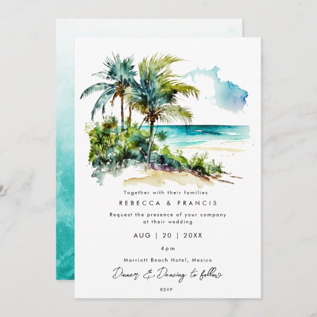 tropical palm trees beach wedding invitation (Front/Back)