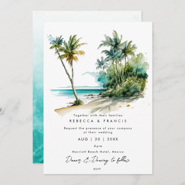 tropical palm trees beach wedding invitation (Front/Back)