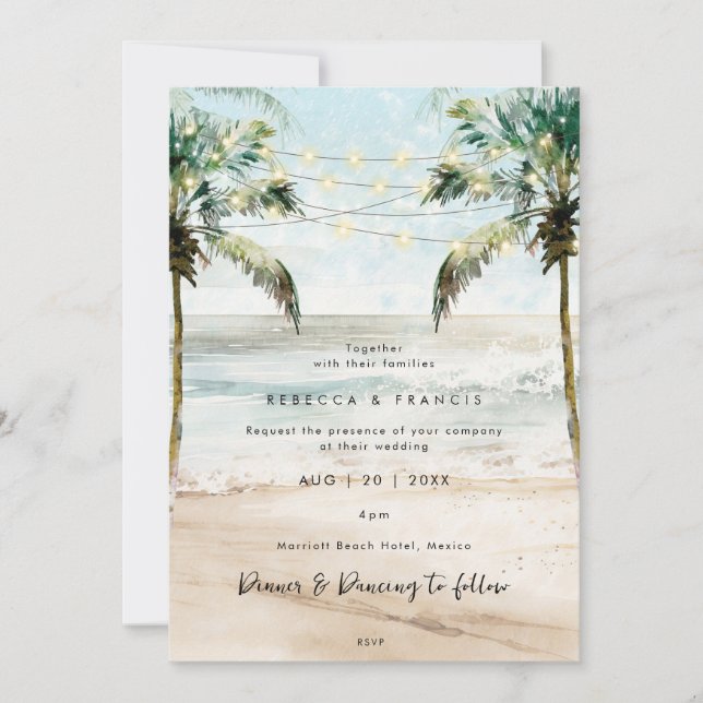 tropical palm trees beach wedding invitation (Front)