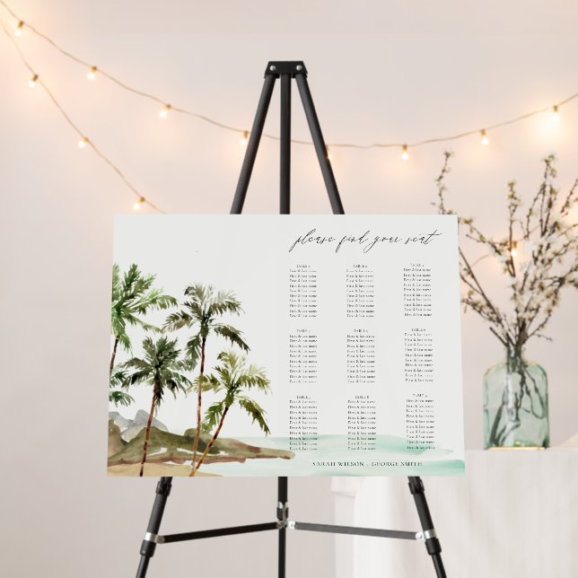 Tropical Palm Trees Beach Wedding Seating Chart Foam Board (In Situ (Stand))