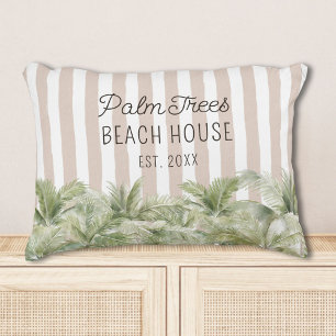 Tropical Palm Trees Beige Stripes Beach House Accent Pillow