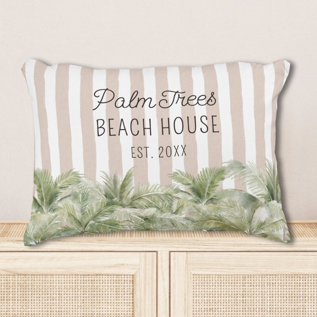 Tropical Palm Trees Beige Stripes Beach House Accent Pillow (In situ)