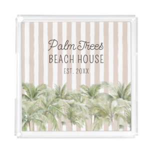 Tropical Palm Trees Beige Stripes Beach House Acrylic Tray